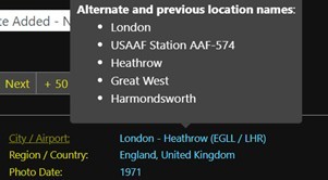 Screenshot of alternative names for London - Heathrow