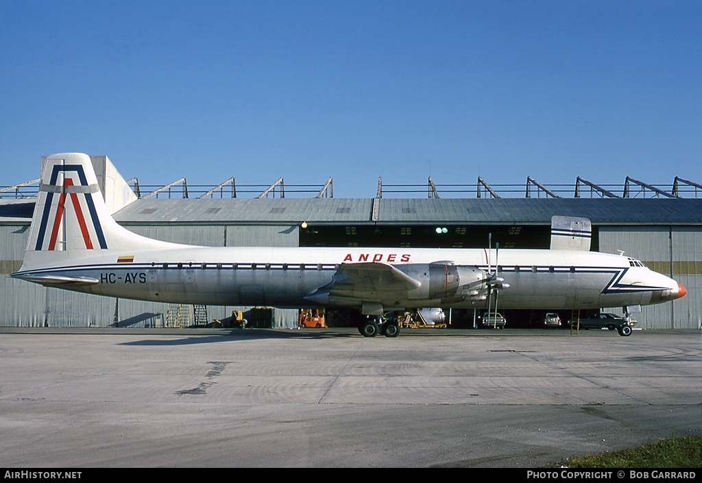 Aircraft Photo of HC-AYS | Canadair CL-44-6 Yukon | Andes Airlines | AirHistory.net #29378