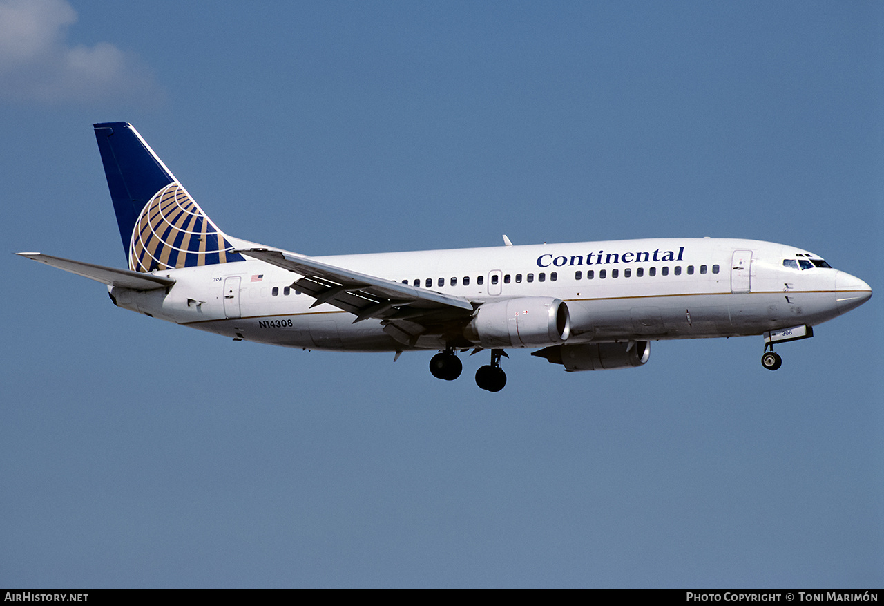 Aircraft Photo of N14308 | Boeing 737-3T0 | Continental Airlines | AirHistory.net #179721