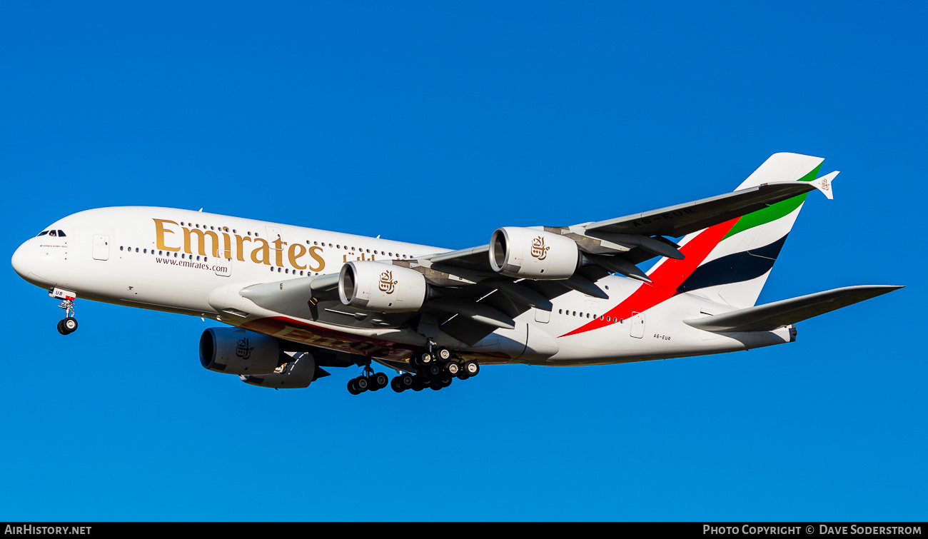 Aircraft Photo of A6-EUR | Airbus A380-842 | Emirates | AirHistory.net #536807