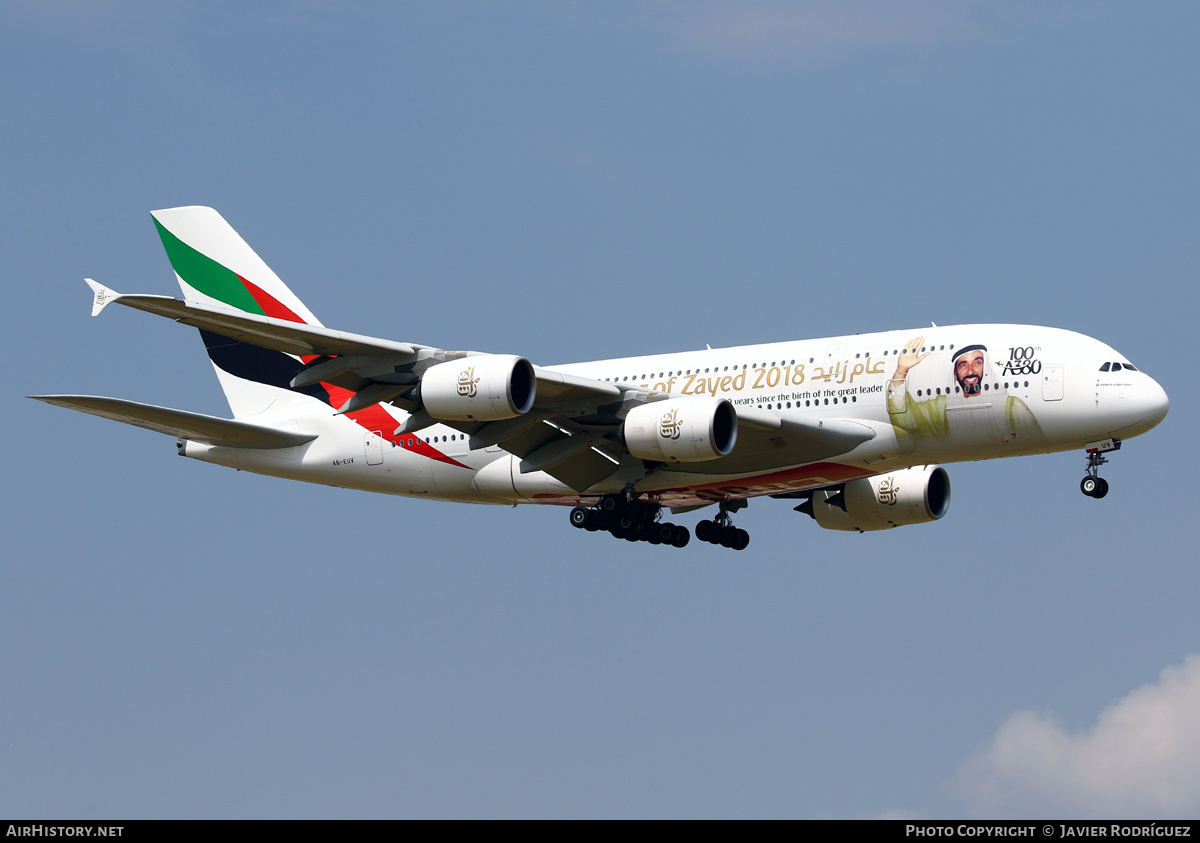 Aircraft Photo of A6-EUV | Airbus A380-842 | Emirates | AirHistory.net #637096