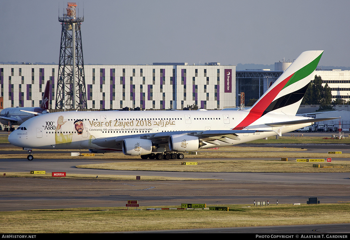 Aircraft Photo of A6-EUV | Airbus A380-842 | Emirates | AirHistory.net #710666