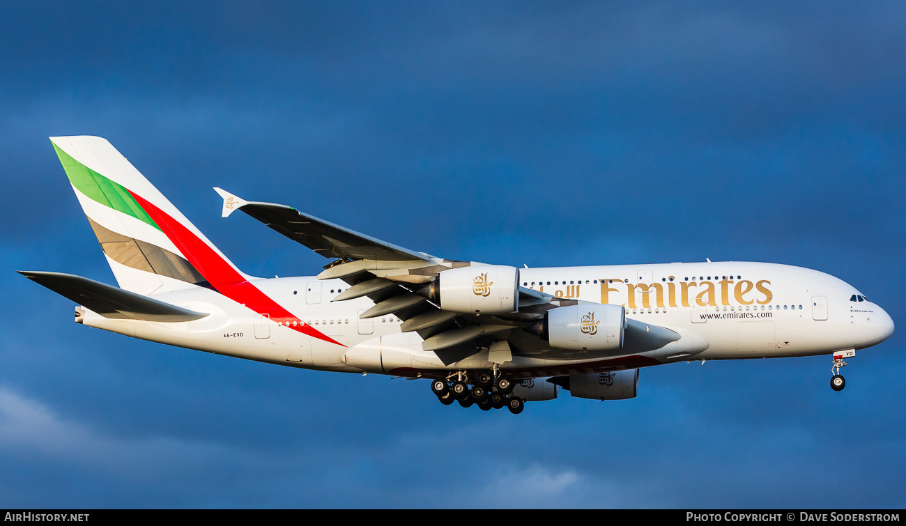 Aircraft Photo of A6-EVD | Airbus A380-842 | Emirates | AirHistory.net #762360